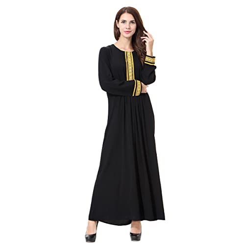 Traditional Muslim Women Abaya Dress 3D Fower Blooming Long Sleeve Maxi Length Cardigan Robe with Sashes Saudi Arab Dubai (M, Black Gold)