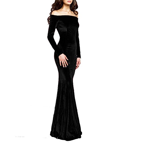 TTYBridal Off The Shoulder Velvet Mermaid Evening Gown Long Prom Party Dresses with Two Sleeves 14 Black