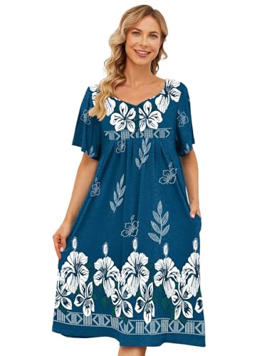 udforsk House Dresses for Women with Pockets Hawaiian Muumuu House Coat Womens Nightgown Momo Dresses Plus Size House Dresses for Elderly Women Sleepwear House Lounge Dress Blue XXL