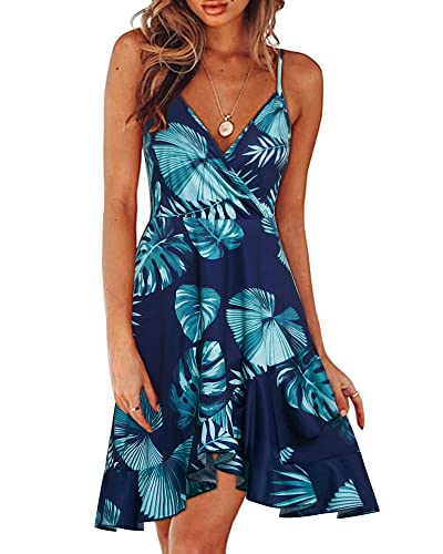 ULTRANICE Womens Summer Dresses 2024 Sundresses Casual Spring Trendy Flowy Wrap Midi Beach Wedding Guest Vacation Outfits Clothes V Neck Spaghetti Strap Dress(Blue Blue Green Floral,M)