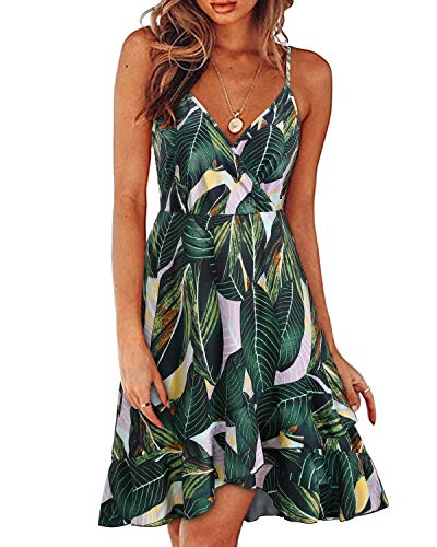 ULTRANICE Women Summer Dress 2024 Spring Beach Casual Sundresses Trendy Green Floral Wrap Flowy Vacation Outfits Clothes Wedding V-Neck Spaghetti Strap Midi Dresses(Green White Floral,M)