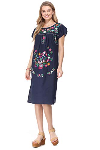 unik Embroidered Traditional Mexican Midi Dress (Navy, M)