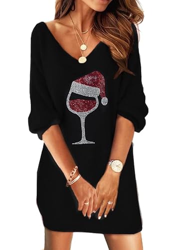 UNIQUEONE Women Dress Shirt Christmas Long Sleeve Tops Red Wine Glass Christmas Shirts V Neck Xmas Santa Hat Graphic