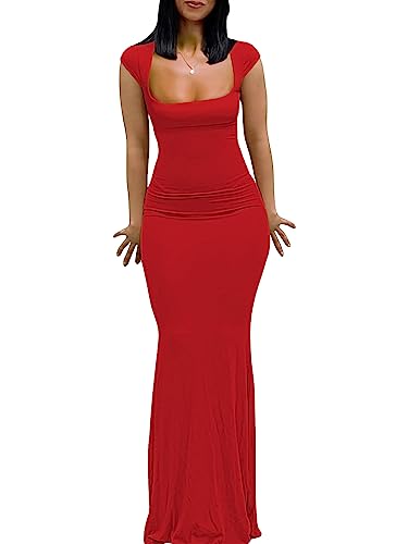 Valentines Day Dress Women Red Summer Maxi Cap Sleeve Square Neck Bodycon Tight Fishtail Streetwear Night Out Y2K Dupes Long Dress XS