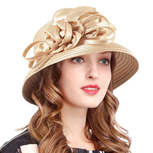 VECRY Womens Church Baptism Wedding Cloche Hat Tea Party Derby Dress Bowler Hats (Apricot)