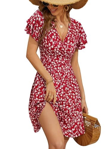 VETIOR Easter Dress Womens Summer Dresses Sundresses Aline Knee Length Sun Dress for Women 2024 Trendy Large Burgundy Floral