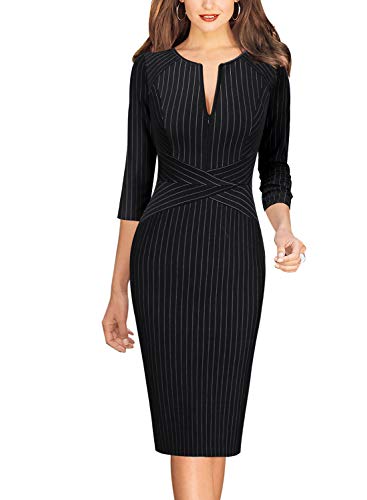 VFSHOW Womens Black and White Striped Spring Fall Slim Zipper Up Work Business Office Party Bodycon Pencil Sheath Dress 7121 BLK L