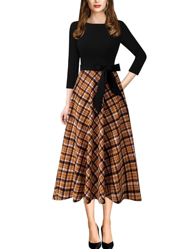 VFSHOW Womens Black and Yellow Check Print Patchwork Pockets Belted Pleated Work Business Office Casual A-Line Midi Dress 7730 BLK M