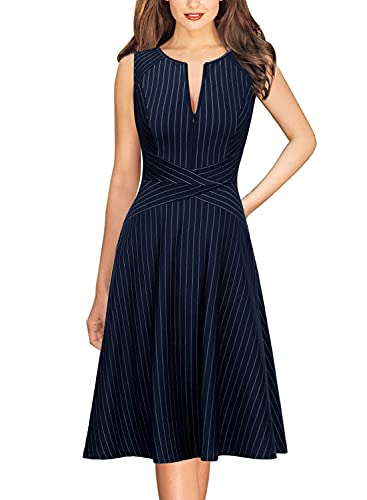 VFSHOW Womens Elegant Blue and White Pinstriped Pockets Slim Zipper up Work Business Office Party Skater A-Line Dress 2350 BLU M