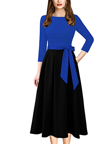 VFSHOW Womens Royal Blue Black Colorblock Elegant Pockets Work Office Business A-Line Midi Dress 9870 BLU M