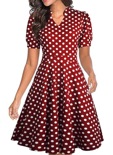 Vintage Dress for Women Polka Dot Summer Puff Sleeve V Neck Knee Length Church Aline Fit and Flare Retro Cocktail Teacher Interview 1950s Office Work Dresses with Pockets L