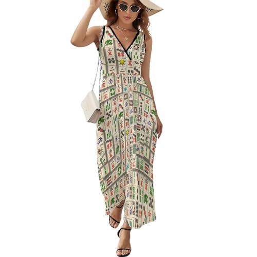 Vintage Mahjong Women's Dresses Sexy Sleeveless Dress V Neck Sundress Loose Maxi Dresses for Beach XL