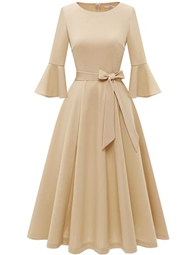 Vintage Midi Church Dress for Women Formal Homecoming Bridesmaid Wedding Modest Tea Party Dress Wedding Guest Dress Champagne L