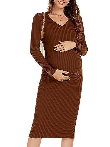 WANTROY Maternity Dress Long Sleeve V Neck Knit Stretchable Sweater Dresses Pregnancy Clothes for Photoshoot Baby Shower Caramel