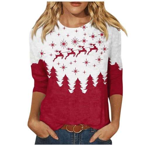 Warehouse Amazon Warehouse Deals,Christmas Toos 3/4 Length Sleeve Womens Dress Casual Crew Neck Snowman Xmas Tree Print Loose Fit Tunics XX-Large White