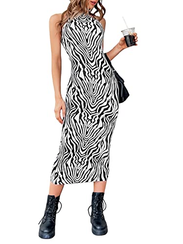 WDIRARA Women's Halter Sleeveless Zebra Print Elegant Casual Bodycon Long Dress Black and White S