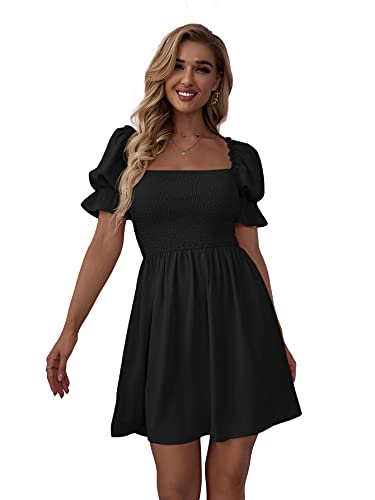 WDIRARA Women's Square Neck Flounce Short Sleeve Shirred Ruffle Hem Dress Black L