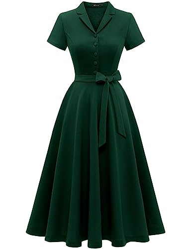 Wedtrend Women's Vintage Tea Dress, Modest Bridesmaid Dress, 50's Dress Tea Party Dress, Short Sleeve Audrey Hepburn Dress, Aline 50's Pinup Dress Wedding Party Dress WTP30001DarkGreenM