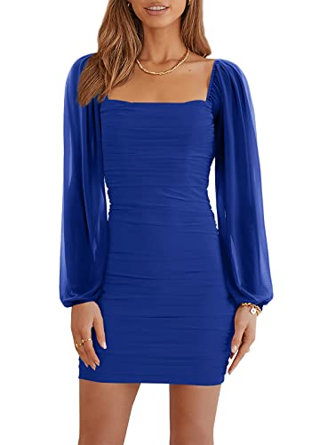 Wenrine Women's Mesh Long Sleeve Square Neck Ruched Party Club Cocktail Bodycon Mini Dress Blue