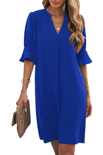 Wkior Summer Dress for Women Short Sleeve Solid Color Loose Swing Elegant Dress Klein Blue L