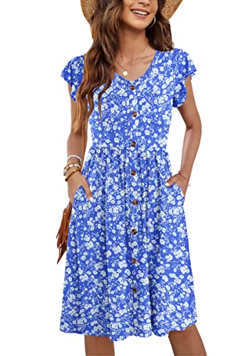 WNEEDU Women Summer Dresses Sleeveless Casual Loose Swing Button Down Midi Dress with Pockets(Blue White Floral,L)