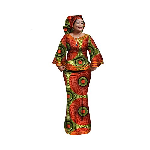 Women African Dresses Clothing Ankara Bazin Riche Dress Womens Skirts Set Print Dashiki Top with Headscarf Color_9 XX-Large