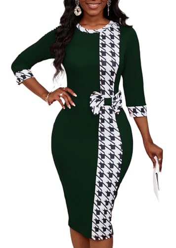 Women Bodycon 3/4 Sleeve Bow Club Pencil Party Fromal Work Business MIdi Dress Green X-Large