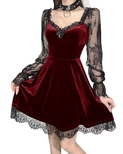 Women Dark Velvet Gothic Dresses A-Line Long Sleeve Black Grunge Patchwork Lace Gothic Aesthetic Vintage Dresses Fall Dresses Medium