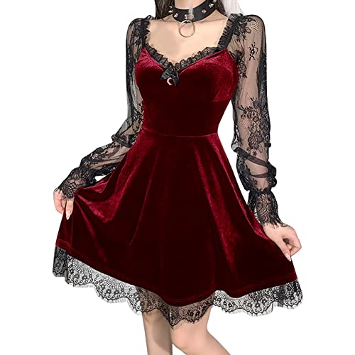 Women Gothic Lolita Dress Black Vintage Grunge Lace Velvet Cocktail Party Swing Dress Mesh Long Sleeve Steampunk Punk Mall Goth Dress Patchwork Sexy Romantic Aesthetic Alt Harajuku Dress Burgundy M