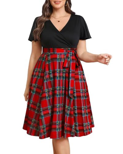 Women Plus Size Christmas Dress — Xmas Buffalo Plaid Black Red Holiday 2024 Fall Wrap V-Neck Short Sleeve Midi Dresses