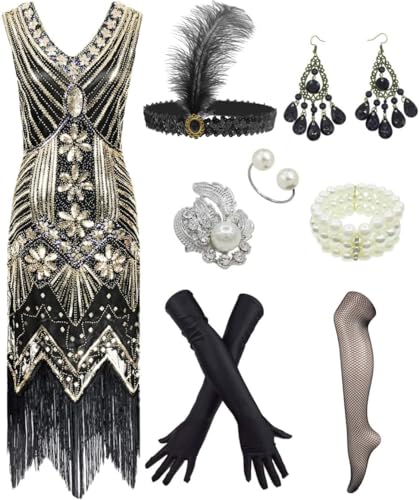 Women's 1920s V Neck Beaded Fringed Gatsby Theme Flapper Dress with Accessories Set (X-Large, Black&Gold)