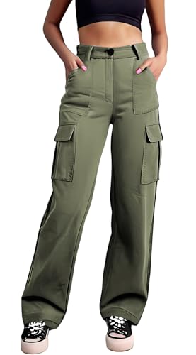 Women's Cargo Pants Wide Leg Straight Elastic High Waisted Stretch Baggy Hiking Combat Trousers with Pockets ArmyGreen L