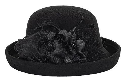 Women's Cloche-Bucket-Hats Vintage Church-Derby - 1920S Wool Felt Winter Upturn Brim Bowler Wedding Party Hats Black