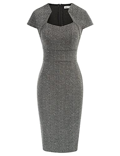 Women's Elegant Cap Sleeve Dress Tweed Plaid HIPS-Wrapped Pencil Dress for Work