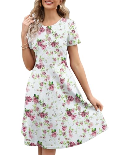 Women's Elegant Vintage 50s Office Casual Floral Print Work Party A-Line Swing Dress with Pockets 162 (L, Pink Green)