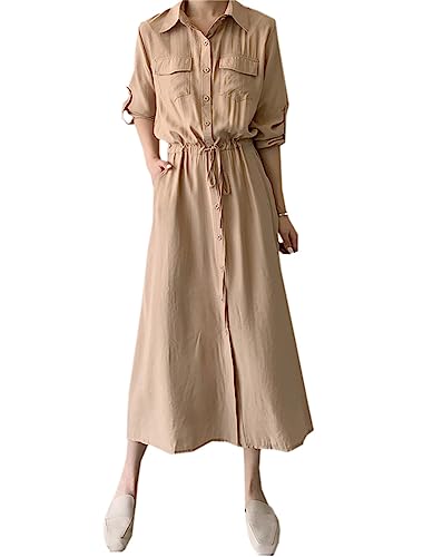 Women Shirt Dress Casual Roll Up Sleeves Two Pocket Button Down Safari Dresses, Khaki, Medium