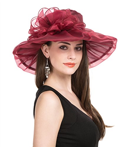 Women's Organza Church Kentucky Derby British Fascinator Bridal Tea Party Wedding Hat Summer Ruffles Cap（HJH-Burgundy Bowknot