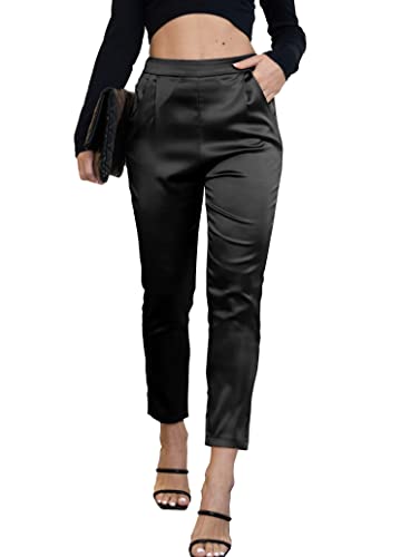 Women's Satin Silky Pants Dress Casual Pull on High Waist Pants with Pockets Drapeblack Large