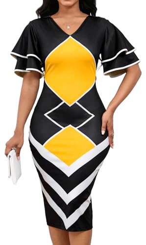 Women's Sexy Church Dress V Neck Short Ruffles Sleeve Clubwear Elegant Pencil Bodycon Midi African Ladies Dresses Black