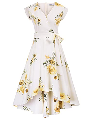 Womens Short Petal Sleeve Floral High Low V-Neck Flowy Party Formal Cocktail Long Maxi Dress Yellow XL