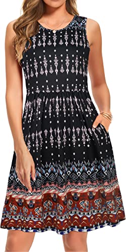 Women's Summer Casual Sleeveless Vintage Floral Printed Boho Beach Midi Tunic Vest Casual Dresses(Black Red Boho,L)