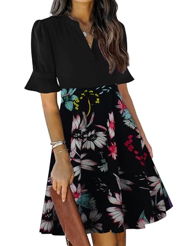 Womens Summer Dresses 2024 Floral Short Ruffle Sleeve V-Neck Fit and Flare Aline Cute Cocktail Sunday Church Classy Elegant Petite Dinner Business Casual Interview Work Dress with Pockets L