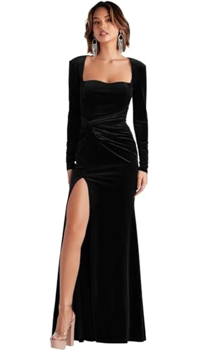 Women’s Sweetheart Long Sleeves Ruched Side Slit Prom Dresses Black for Women 2024 Split Velvet Formal Party Gowns with Pleats US14