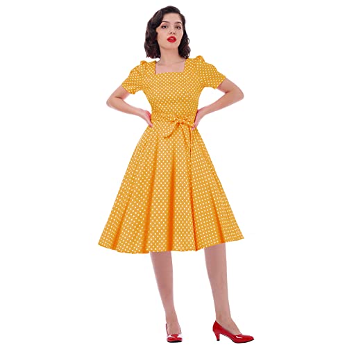 Women Vintage 50s 1950s Dress Square Neck A-line Polka Dot Rockabilly Swing Evening Party Cocktail Dresses Yellow M