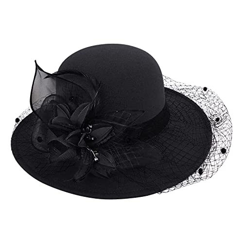 Women Vintage Wool Fel Flowers Bucket Cloche Bowler Hat Church Wedding Dress Fascinator Hat Winter Fedoras (Black, M)