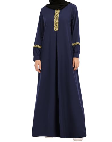 WSPLYSPJY Womens Muslim Abaya Dress Zipper Islamic Robe Pockets Maxi Prayer Clothes with Hijabs Navy Blue S