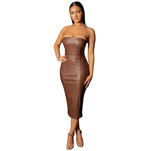 XLLAIS Women Strapless Tube Midi Dress Sexy Bodycon Party Dress Fall Leather Outfits Brown Small