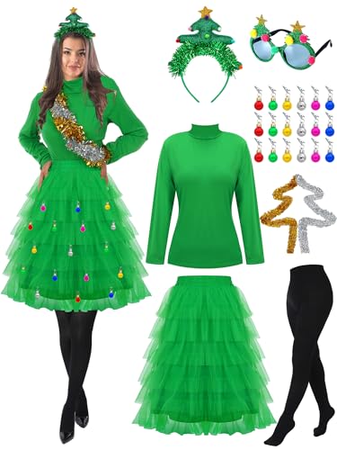 Xtinmee 25 Pcs Christmas Tree Costume Set for Women Festive Party Dress Christmas Tree Adult Outfit for Xmas Party Costumes (X-Large)