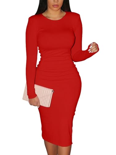 XXTAXN Women's Sexy Bodycon Long Sleeve Round Neck Work Office Midi Pencil Dress Red