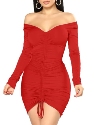 XXTAXN Women's Sexy Elegant Long Sleeve Off The Shoulder Ruched Mini Dress Red